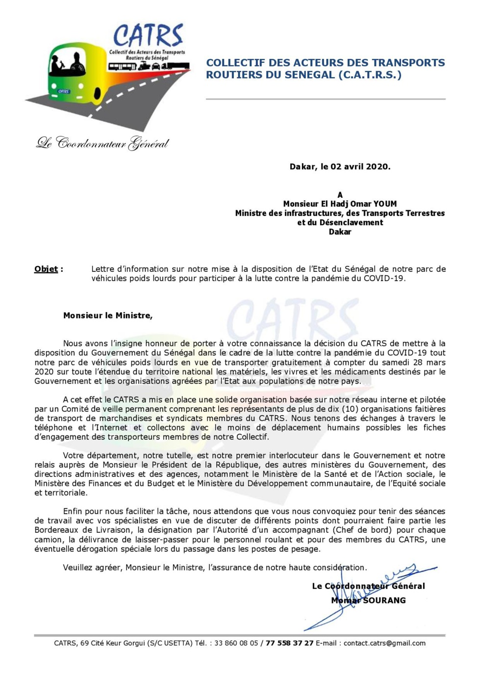 Covid 19- Transport des vivres : L’Etat refuse la gratuité du CATRS et contracte avec le privé à coup de milliards de FCfa