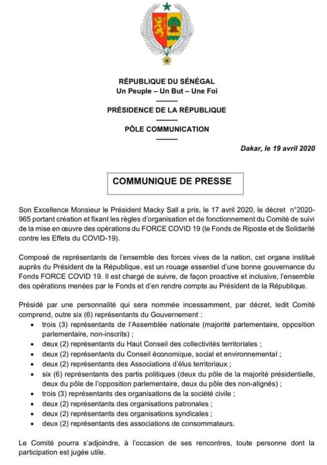 Force Covid 19: Décret portant création et fixant les règles d’organisation et de fonctionnement du Comité de suivi Force Covid 19: Décret portant création et fixant les règles d’organisation et de fonctionnement du Comité de suivi