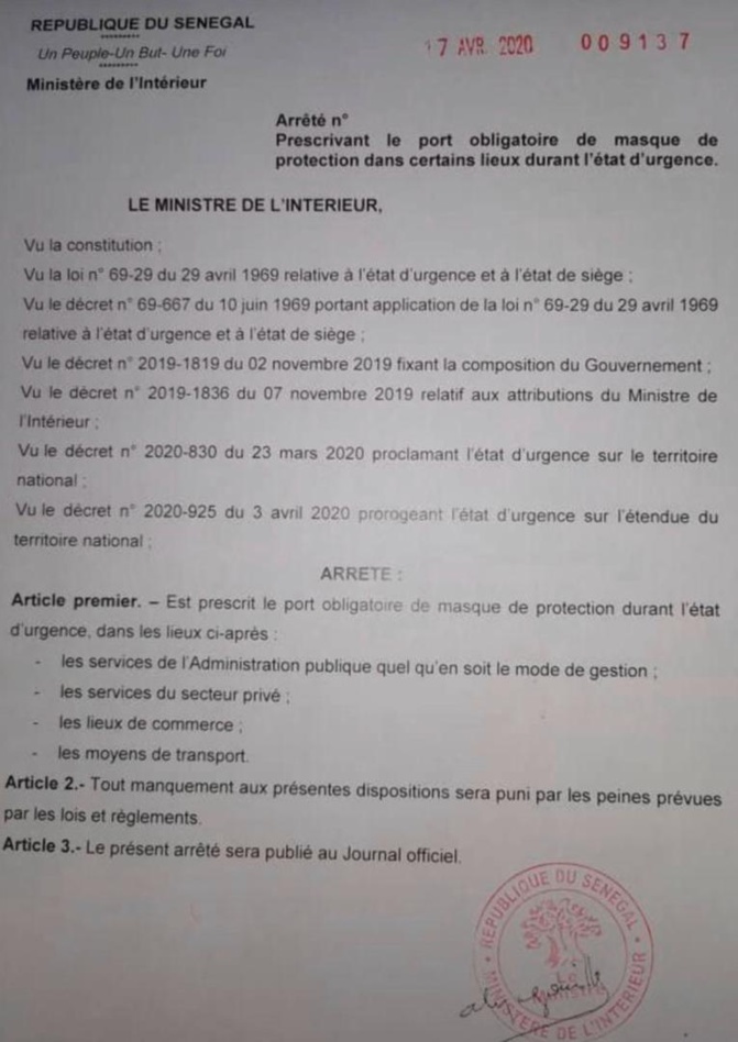 Covid-19- Arrêté du Ministre de l'Intérieur, Aly Ngouille Ndiaye: Le port de masque devient obligatoire dans certains lieux