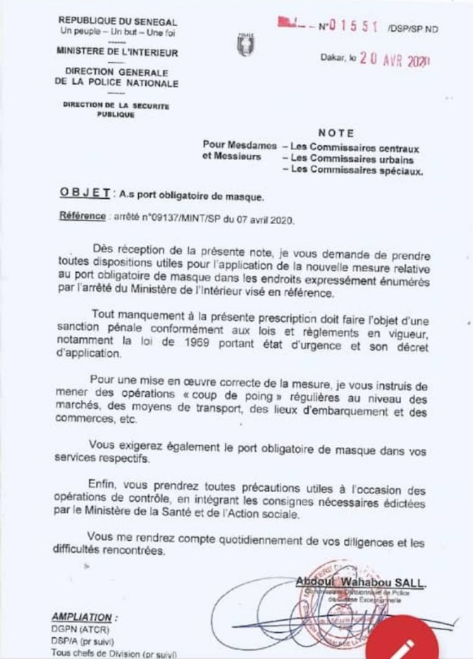 [Document] Port obligatoire de masque: Voici les instructions données aux commissaires de police