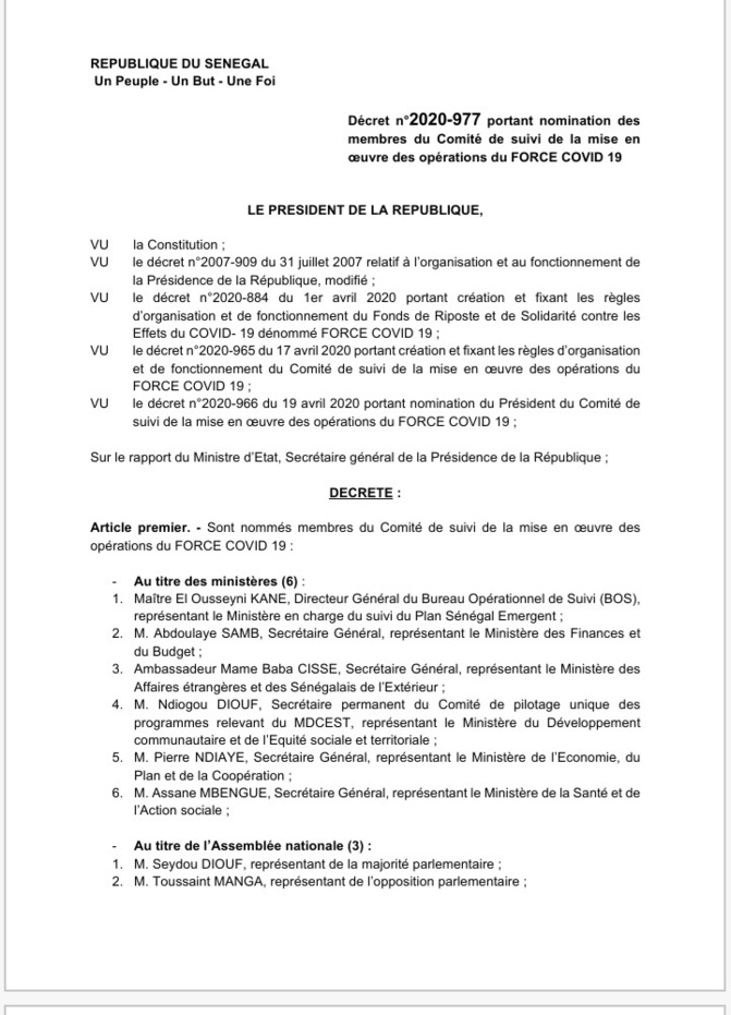 Mise en œuvre des opérations du fonds FORCE COVID-19: Décret portant nomination des membres du Comité de suivi