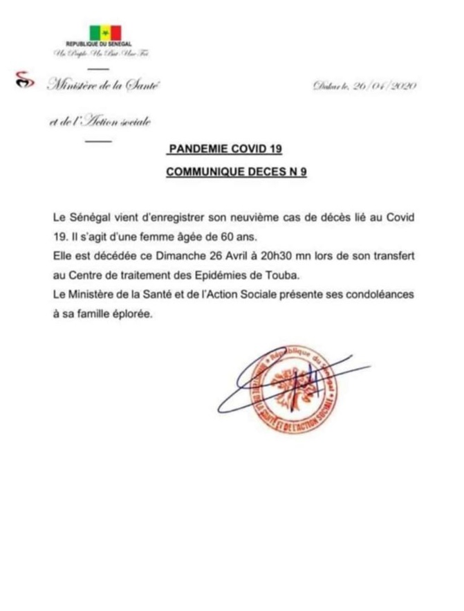 COVID-19: Un 9e décès enregistré à Touba