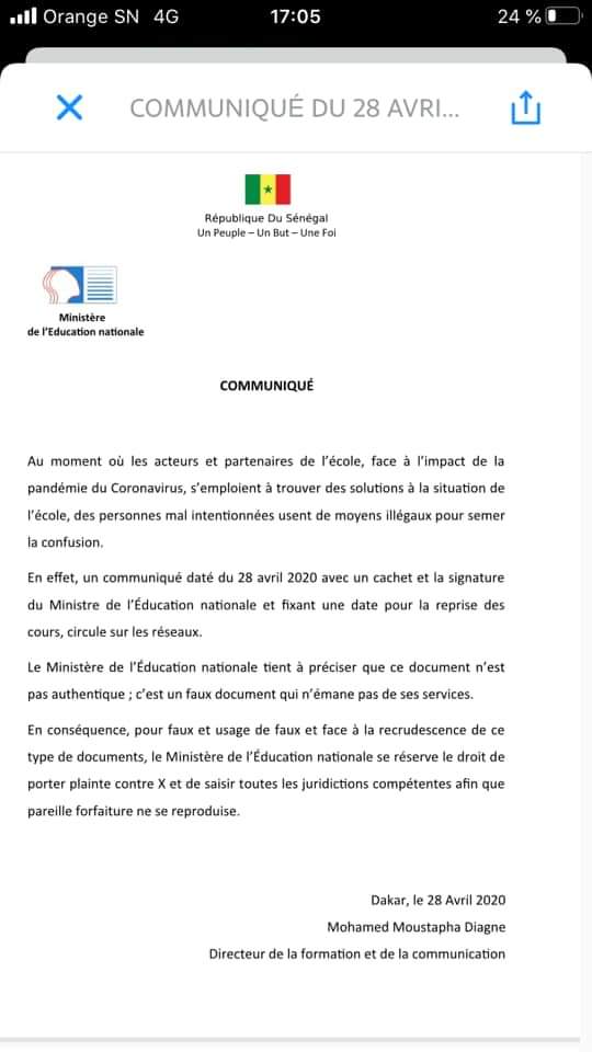 Supposée reprise des cours pour le 04 mai 2020: Le ministère de l’Education nationale annonce une plainte contre l’auteur