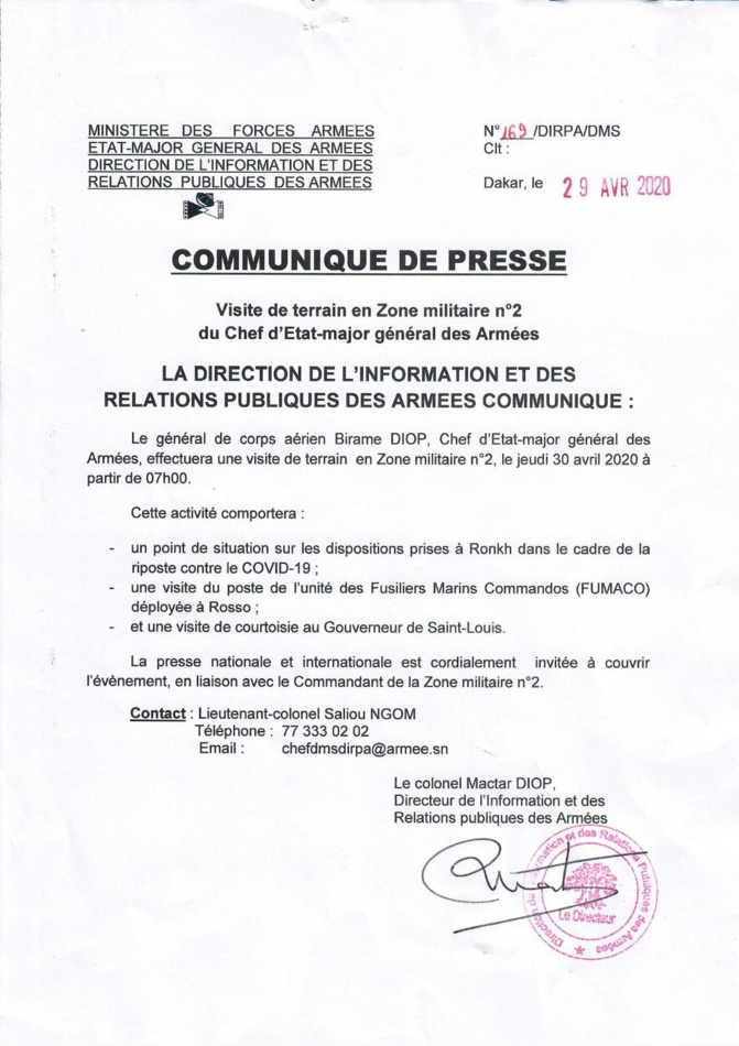 Armée: Le Chef d’Etat-major général des armées, Birame Diop a effectué une visite de terrain en Zone militaire n° 2