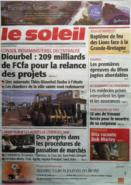 A la Une du Journal Le Soleil du 26 Juillet