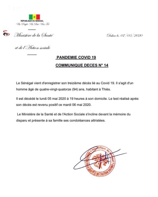 Covid-19: Le Sénégal enregistre son treizième décès Covid-19: Le Sénégal enregistre son treizième décès