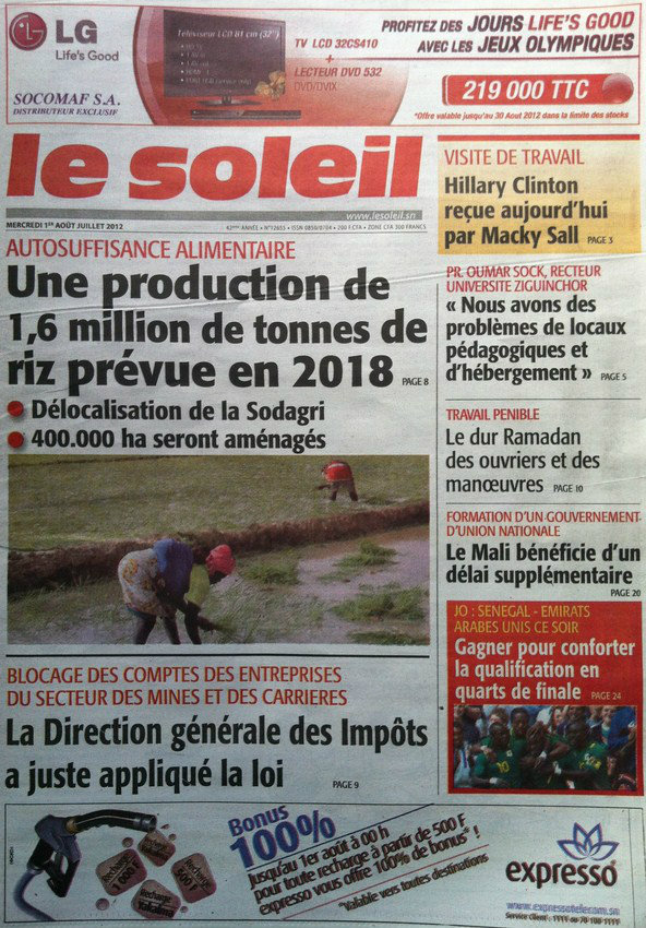 A la Une du Journal le Soleil du 01 Août
