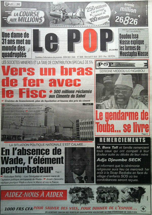 A la Une du Journal Le Populaire du 01 Août