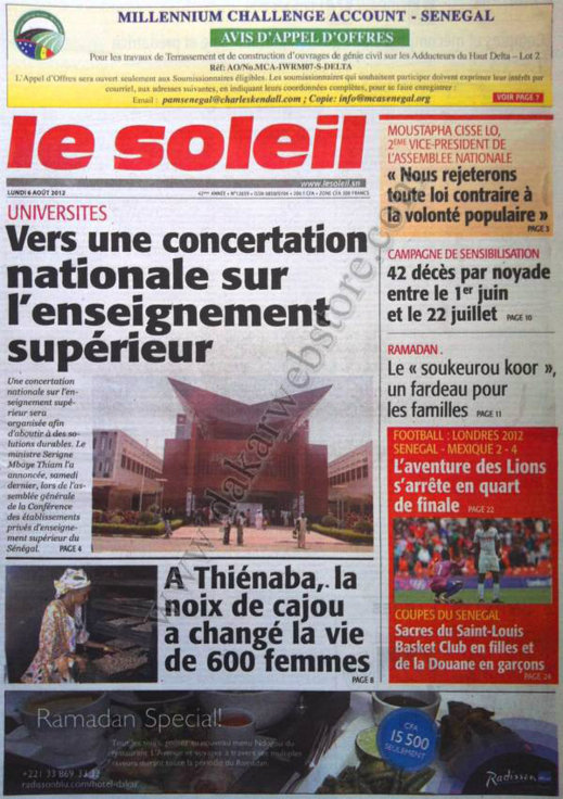 A la Une du Journal Le Soleil du 06 Août