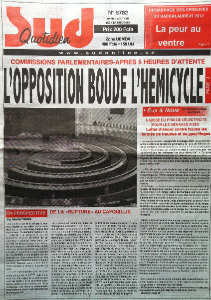 A la Une du Journal Sud Quotidien du 07 Août