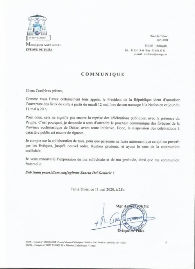 Réouverture des lieux de culte: L’évêque de Thiès maintient la suspension des célébrations publiques