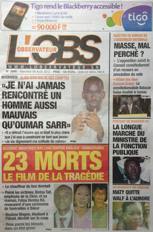 A la Une du Journal L'Observateur du 08 Août