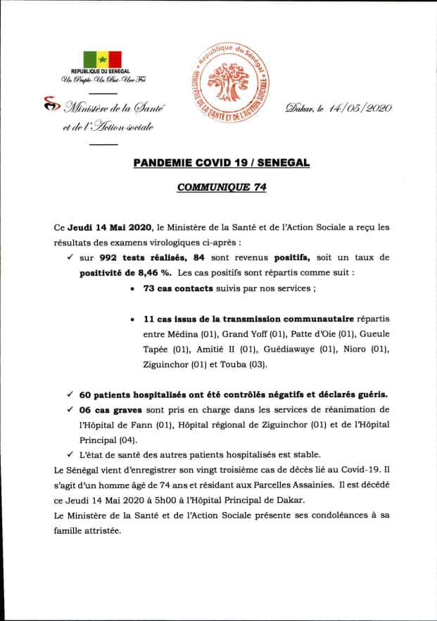 Coronavirus: 84 nouvelles contaminations au Sénégal dont 73 cas contacts suivis, 11 cas communautaires et 60 patients guéris