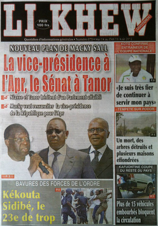 A la Une du Journal Li Khew du 14 Août
