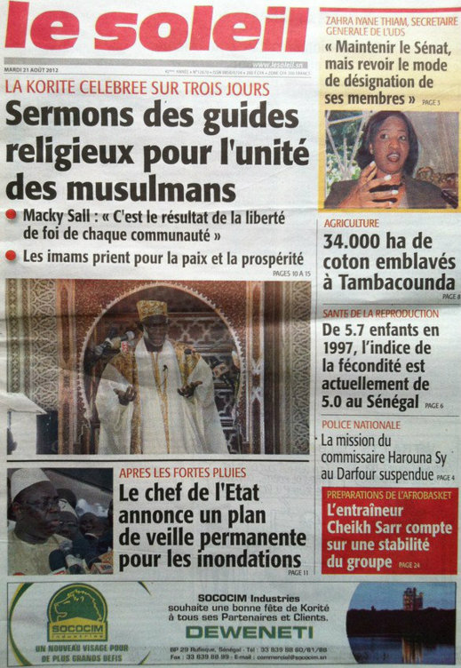 A la Une du Journal Le Soleil du 21 Août
