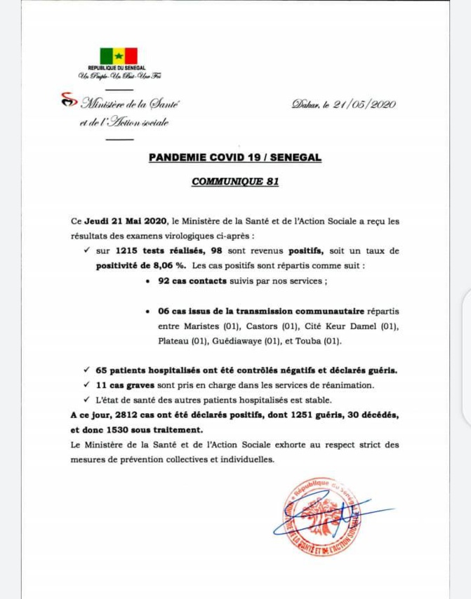 Covid-19: 98 nouvelles contaminations dont 92 cas contacts, 6 cas communautaires, 65 patients guéris et 11 cas graves