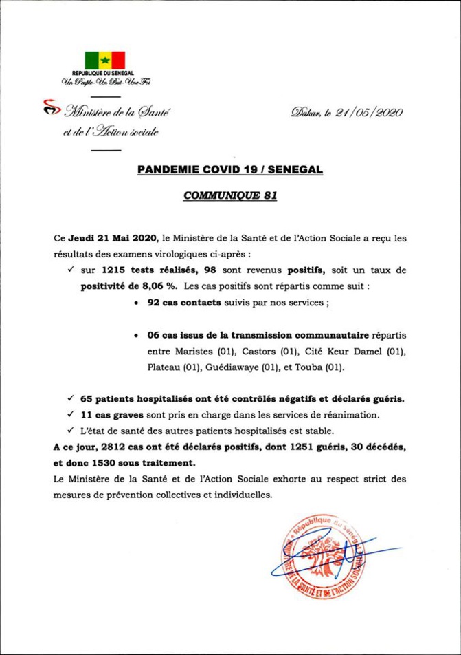 COVID-19: 98 nouveaux cas et 65 guérisons annoncés