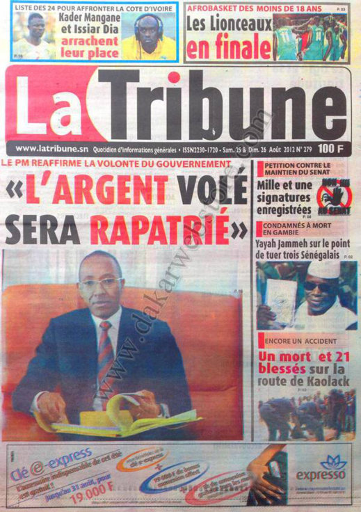 A la Une du Journal La Tribune du 25 Août