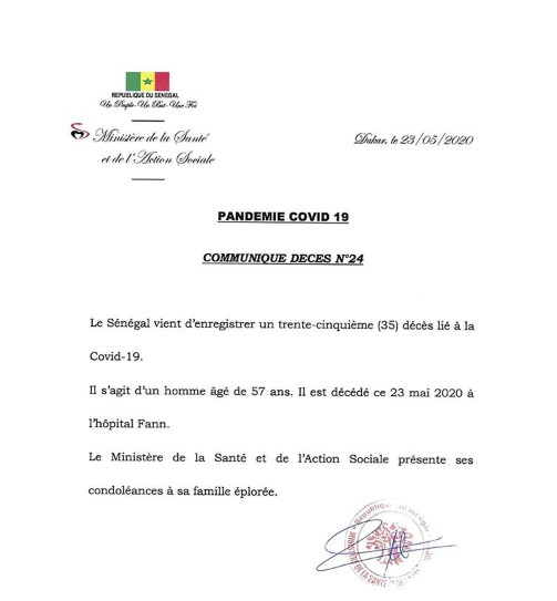 Covid-19: Le Sénégal enregistre un 35e décés