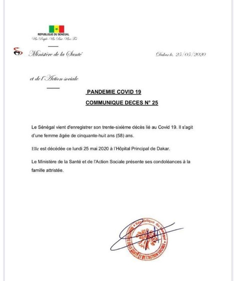 Covid 19:Le Sénégal enregistre un 36e décès