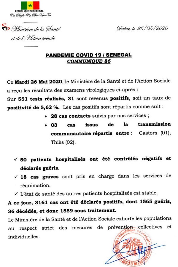 Infos sur la COVID-19: 551 tests, 31 positifs, 50 patients guéris ce mardi 26 mai 2020 20