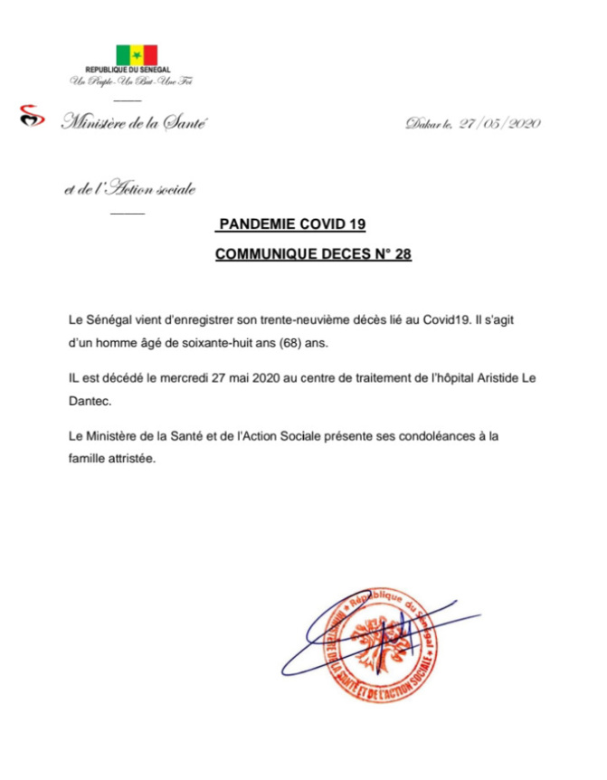 Covid19: Le Sénégal vient d'enregistrer son trente-neuvième décès
