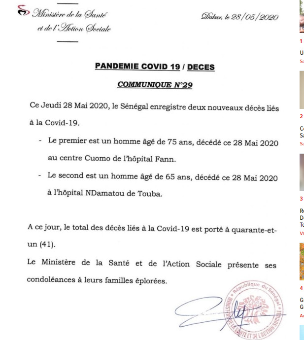 Covid-19: Le Sénégal enregistre 2 décès supplémentaires, portant leur nombre à 41