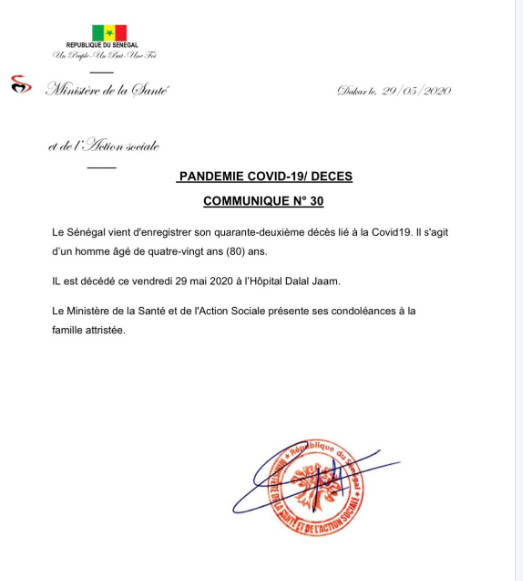 Covid 19 :Le Sénégal a enregistré un 42e décès