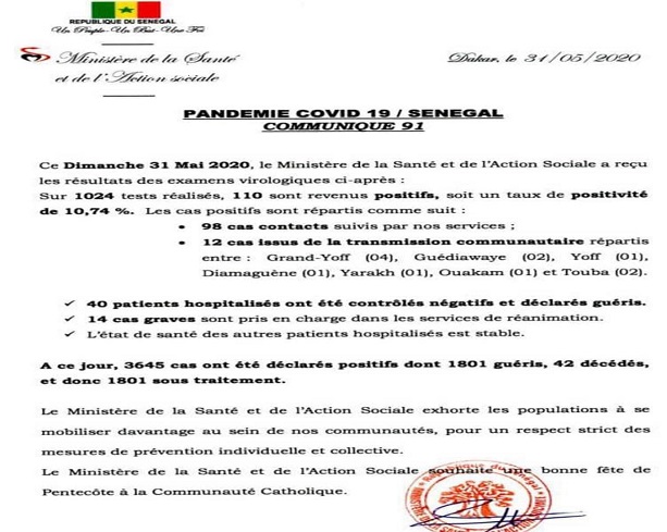 Infos sur la COVID-19: dimanche 31 mai 2020, sur 1024 tests réalisés, 110 sont positifs, 14 patients guéris