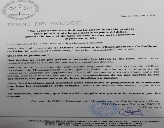 Reprise des cours demain 2 juin 2020: l’Office Diocésain de Dakar dit poliment « non ! » et explique pourquoi…