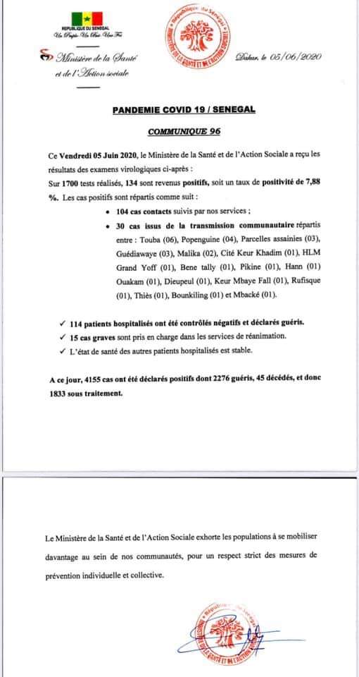 Covid-19: 134 nouvelles contaminations dont 30 cas communautaires, 104 contacts suivis, 15 cas graves…