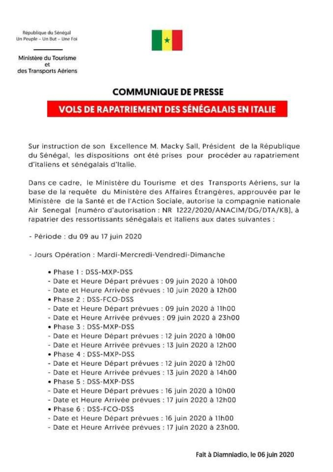 Air Sénégal procédera au rapatriement  des ressortissants Sénégalais et Italiens à partir du 9 au 17 juin