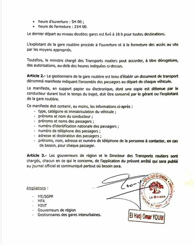 Transport interurbain: Oumar Youm fixe les heures d’ouverture et de fermetures des gares