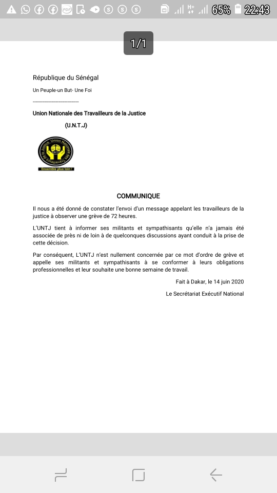 Grève du Sytjust: L’Union nationale des travailleurs de la justice pas concernée…Voici les raisons!