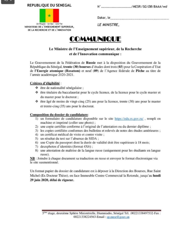 Le gouvernement de la Fédération de Russie offre 30 bourses d’études au Sénégal Le gouvernement de la Fédération de Russie offre 30 bourses d’études au Sénégal