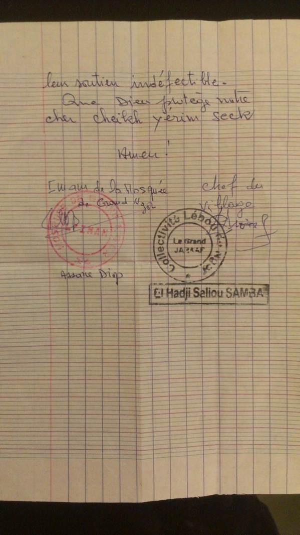 Affaire Cheikh Yérim Seck : voici la lettre de soutien émanant du chef de village, de l'Imam et des habitants de Ngor.