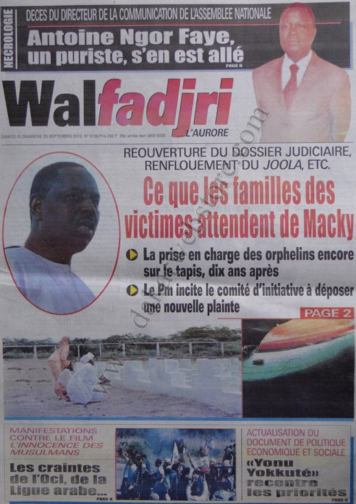 A la une du Journal Walfadjri du 22 Sept