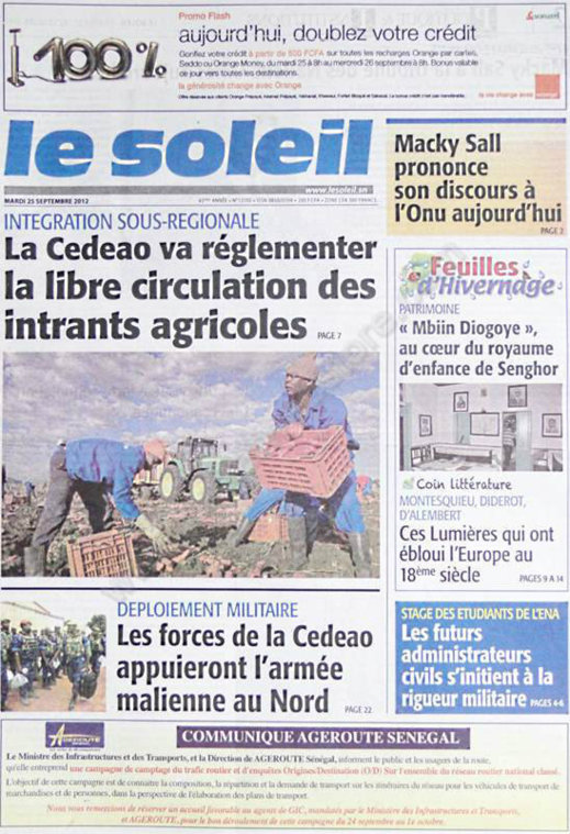 A la Une du Journal Le Soleil du 25 Septembre