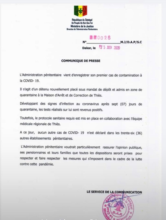 Mac de Thiès: Un détenu testé positif à la Covid-19
