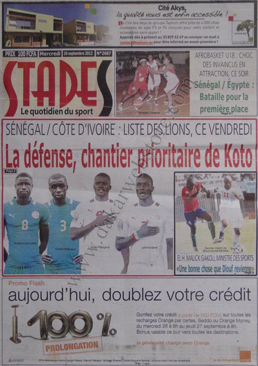 A la Une du Journal Stades du 26 Septembre 