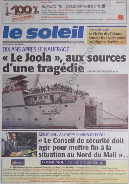 A la Une du Journal Le Soleil du 26 Septembre