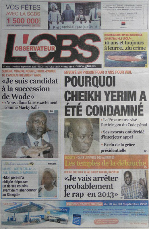 A la Une du Journal L'Observateur du 27 Septembre 