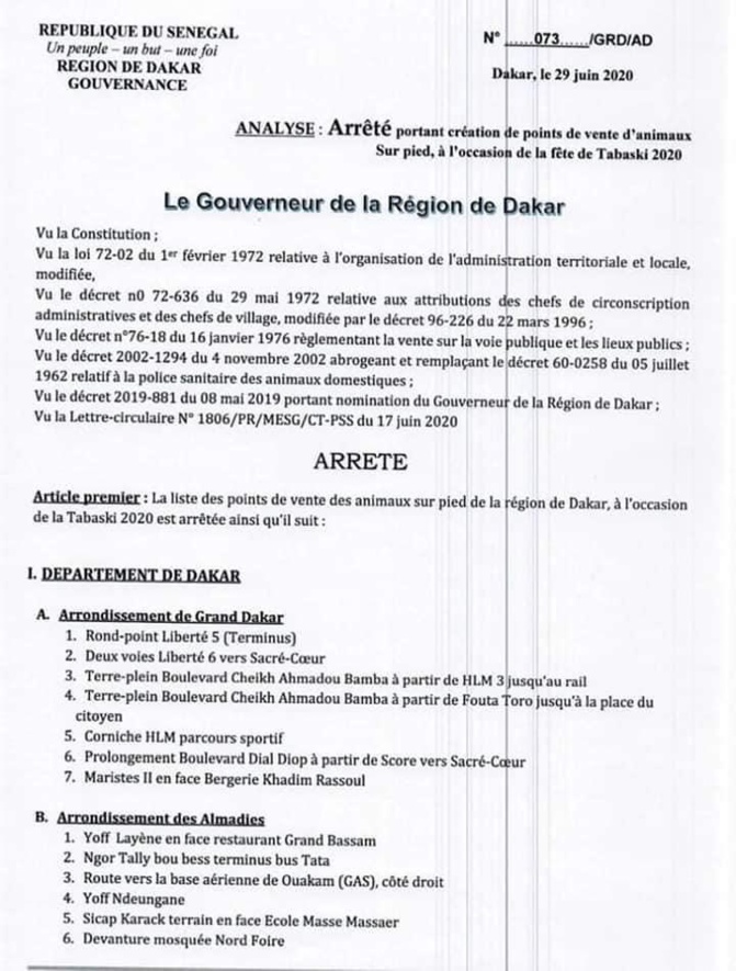 Arrêté Tabaski 2020: Liste des points de vente (document) 