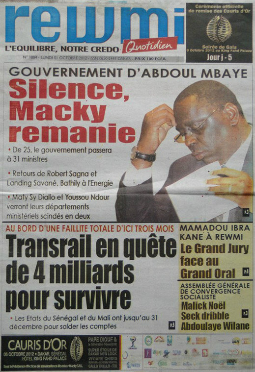 A la Une du Journal Rewmi du 01 Sept