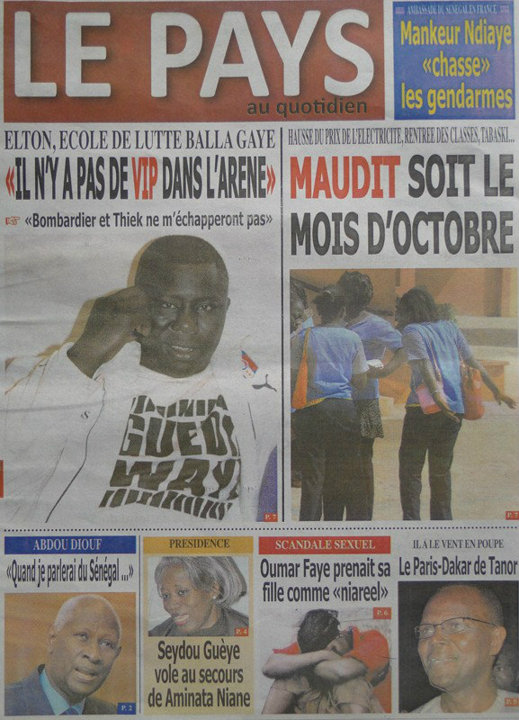 A la Une du Journal le Pays du 01 Oct