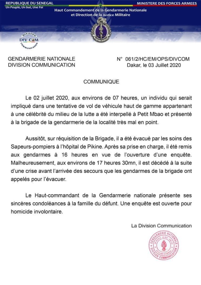 Mort d’un homme arrêté pour tentative de vol, à la brigade de Petit Mbao: Les explications de la gendarmerie nationale!