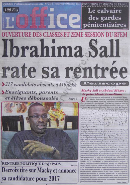 A la Une du Journal L'Office du 05 Octobre 