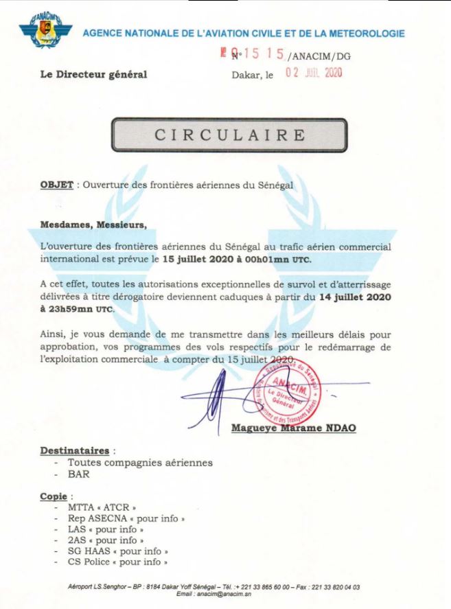 Le Sénégal officialise l’ouverture de son espace aérien (document)