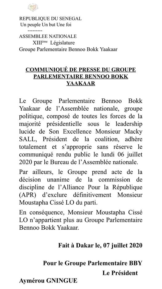 Assemblée nationale: Moustapha Cissé Lô exclu du groupe parlementaire Benno Bokk Yakaar