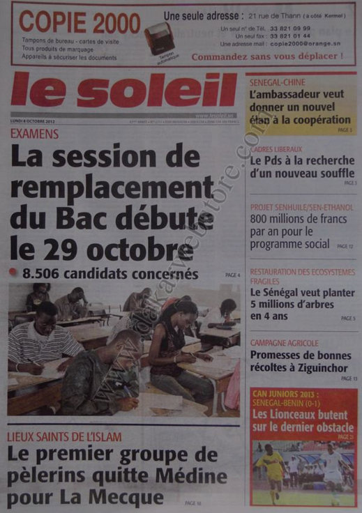 A la Une du Journal Le Soleil du 08 Octobre 
